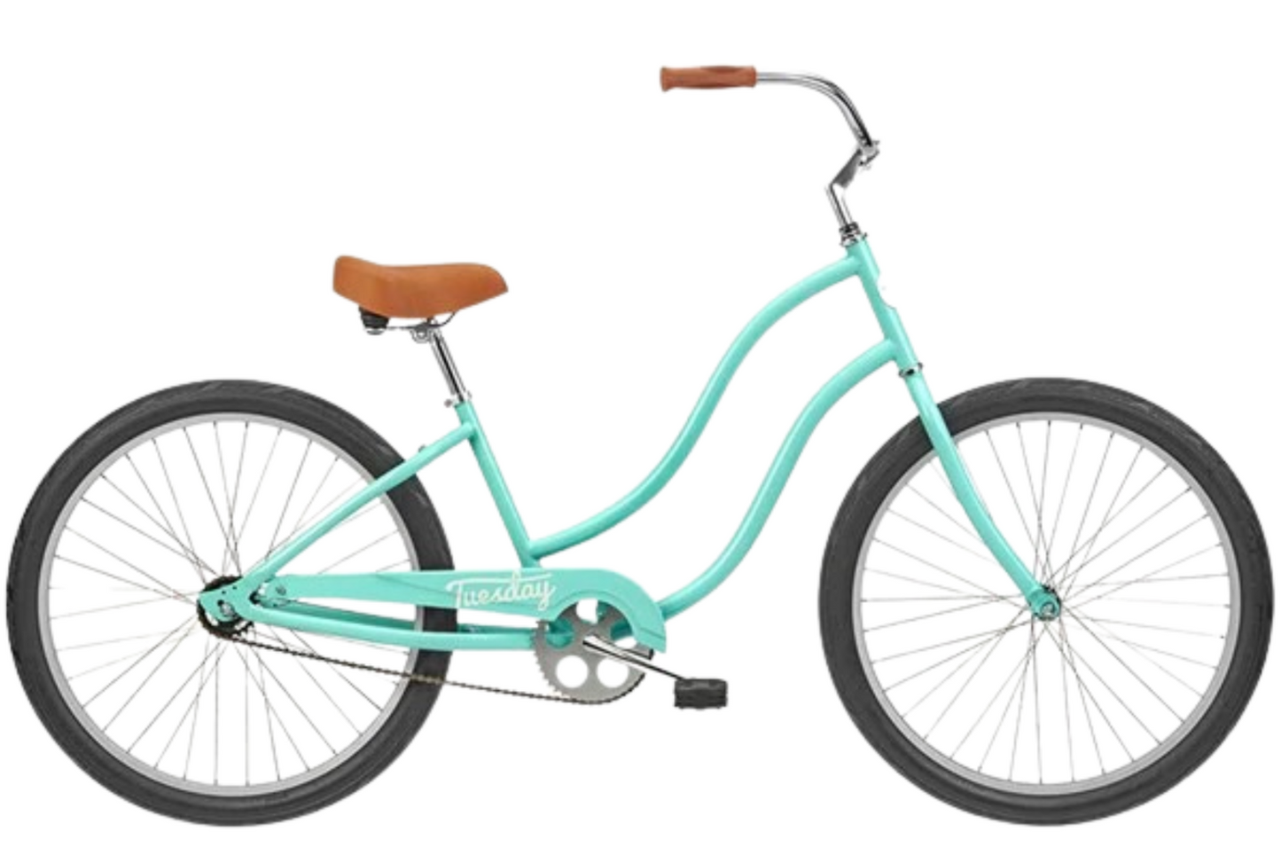 Teal bicycle with brown seat and handlebar on a white background