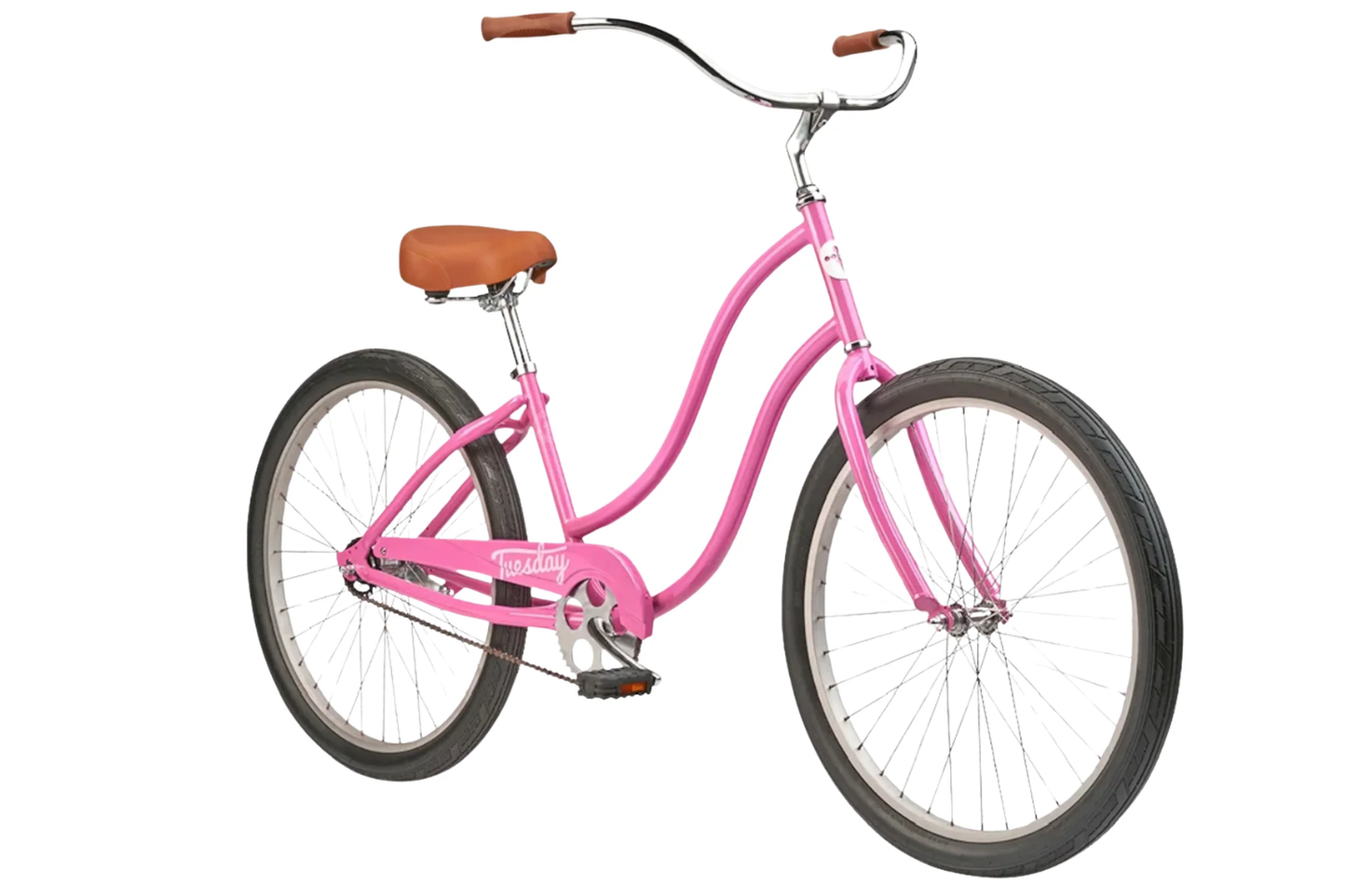 Pink bicycle with brown seat on a white background