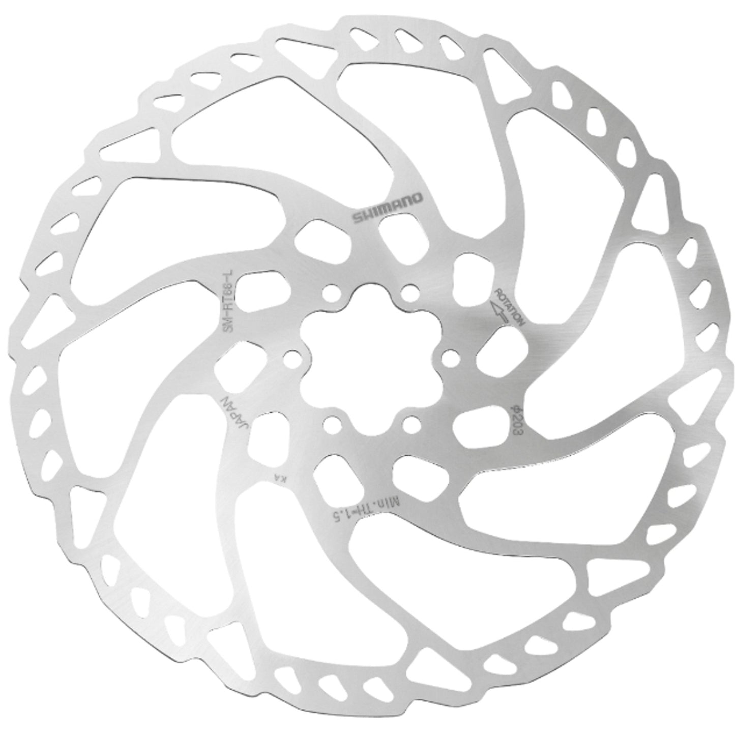 Metallic Shimano disc brake rotor on a white background