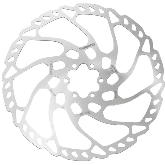 Metallic Shimano disc brake rotor on a white background
