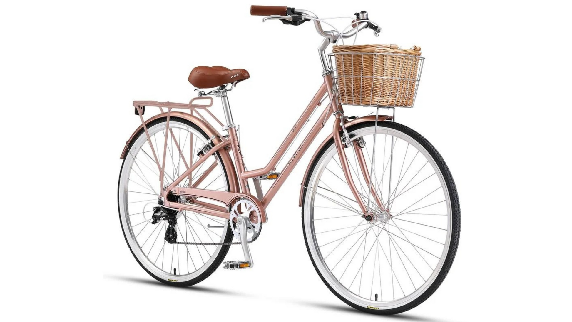 Pink bicycle with a basket on a white background