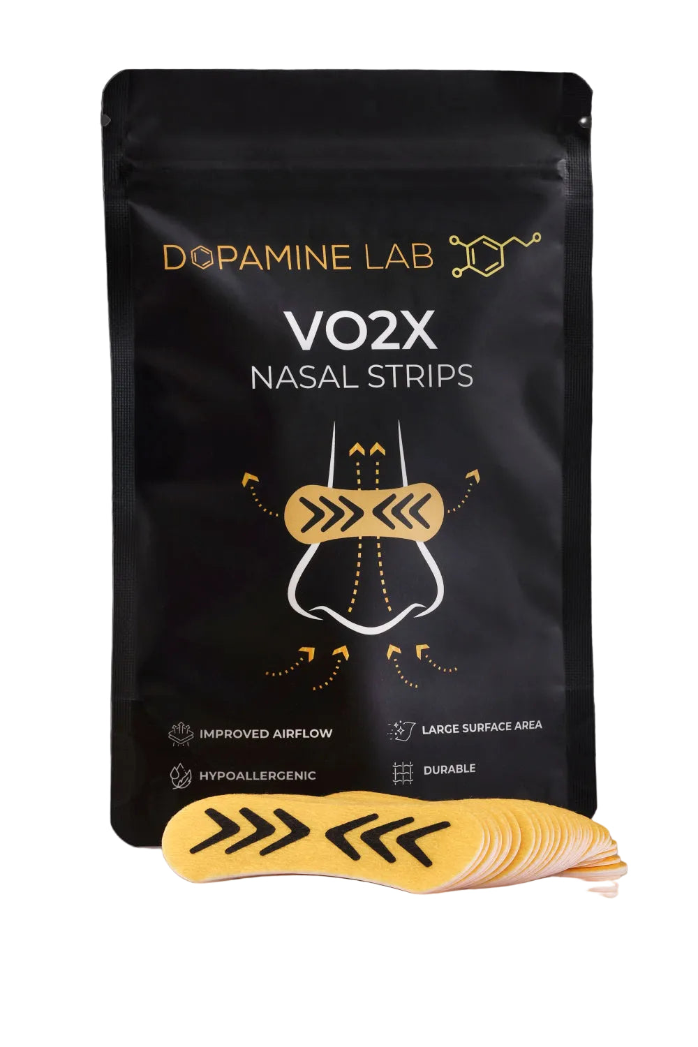 A black stand-up pouch labeled 'Dopamine Lab VO2X Nasal Strips' with a fan of yellow nasal strip inserts placed in front on a reflective light gray surface.