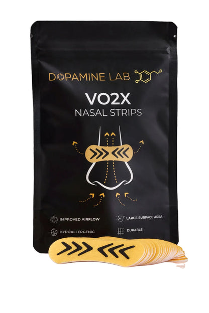 A black stand-up pouch labeled 'Dopamine Lab VO2X Nasal Strips' with a fan of yellow nasal strip inserts placed in front on a reflective light gray surface.