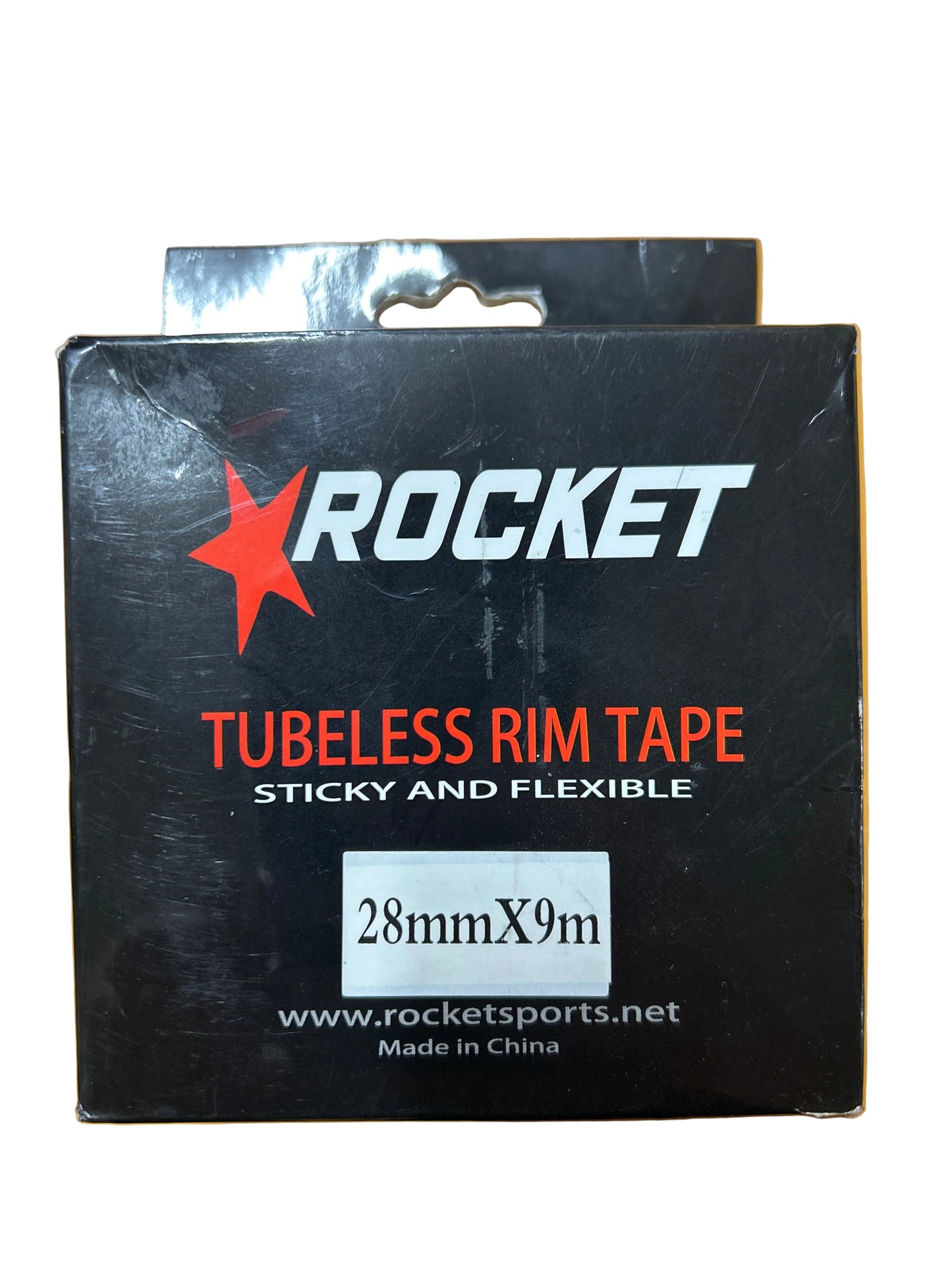 Box of Rocket tubeless rim tape on a yellow background
