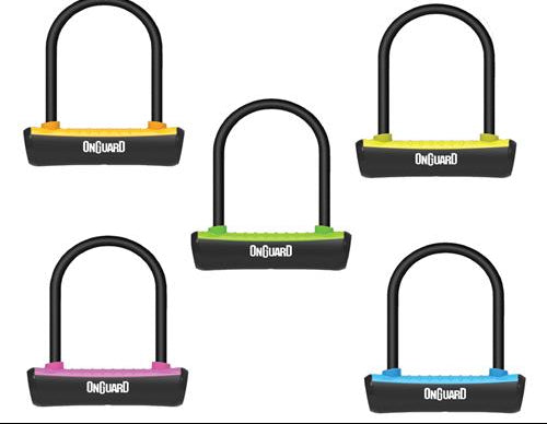 Set of five U-shaped locks with colorful accents on a white background, featuring the 'Onguard' brand logo.
