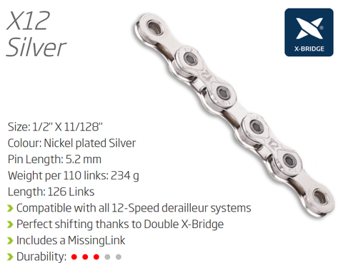 KMC X12 CHAIN - 12 Speed 126L - SILVER - X-Series - w/ Connect Link