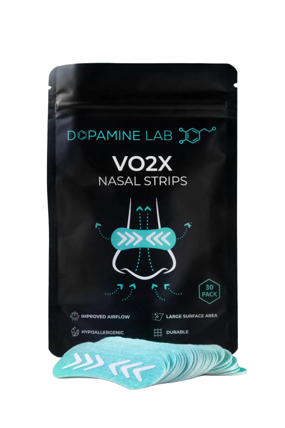 A black stand-up pouch labeled 'Dopamine Lab VO2X Nasal Strips' with a stack of light blue nasal strips placed in front on a reflective white surface against a dark gray background.
