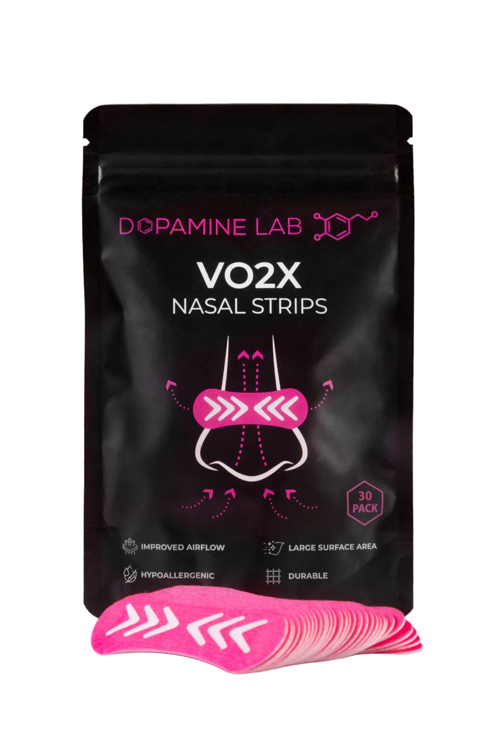 A black stand-up pouch of Dopamine Lab VO2X Nasal Strips with a fan of bright pink nasal strips placed in front on a reflective white surface against a dark gray background.