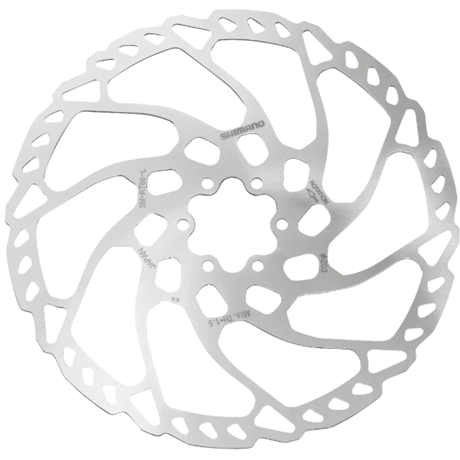 Metallic Shimano disc brake rotor on a white background