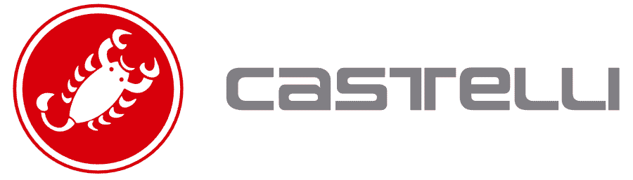 Castelli logo with red circle and white scorpion on a white background
